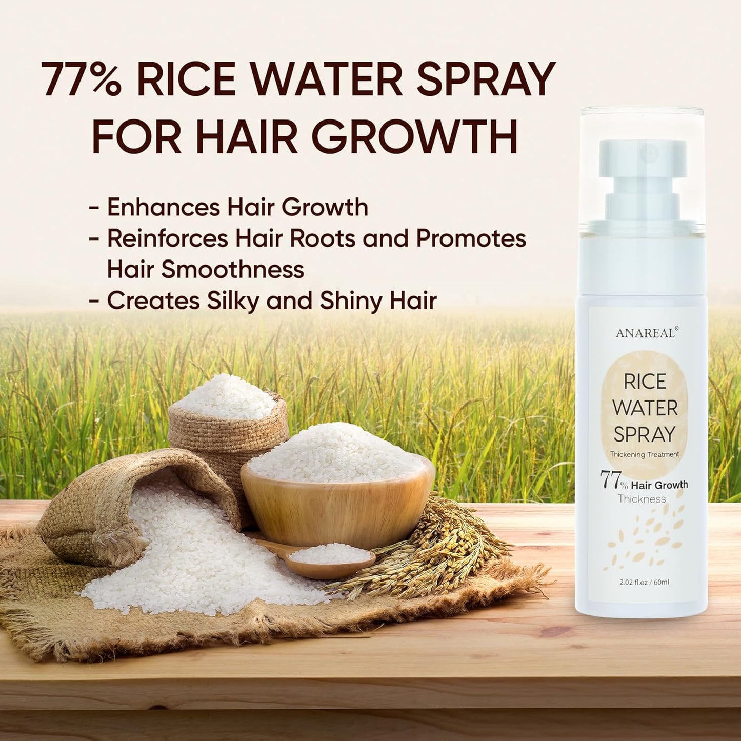 Hair Growth Oil Spray: Fermented Rice Water with Biotin & Castor Oil for Daily Hair Thickening & Scalp Nourishment - Natural Non-greasy 2oz