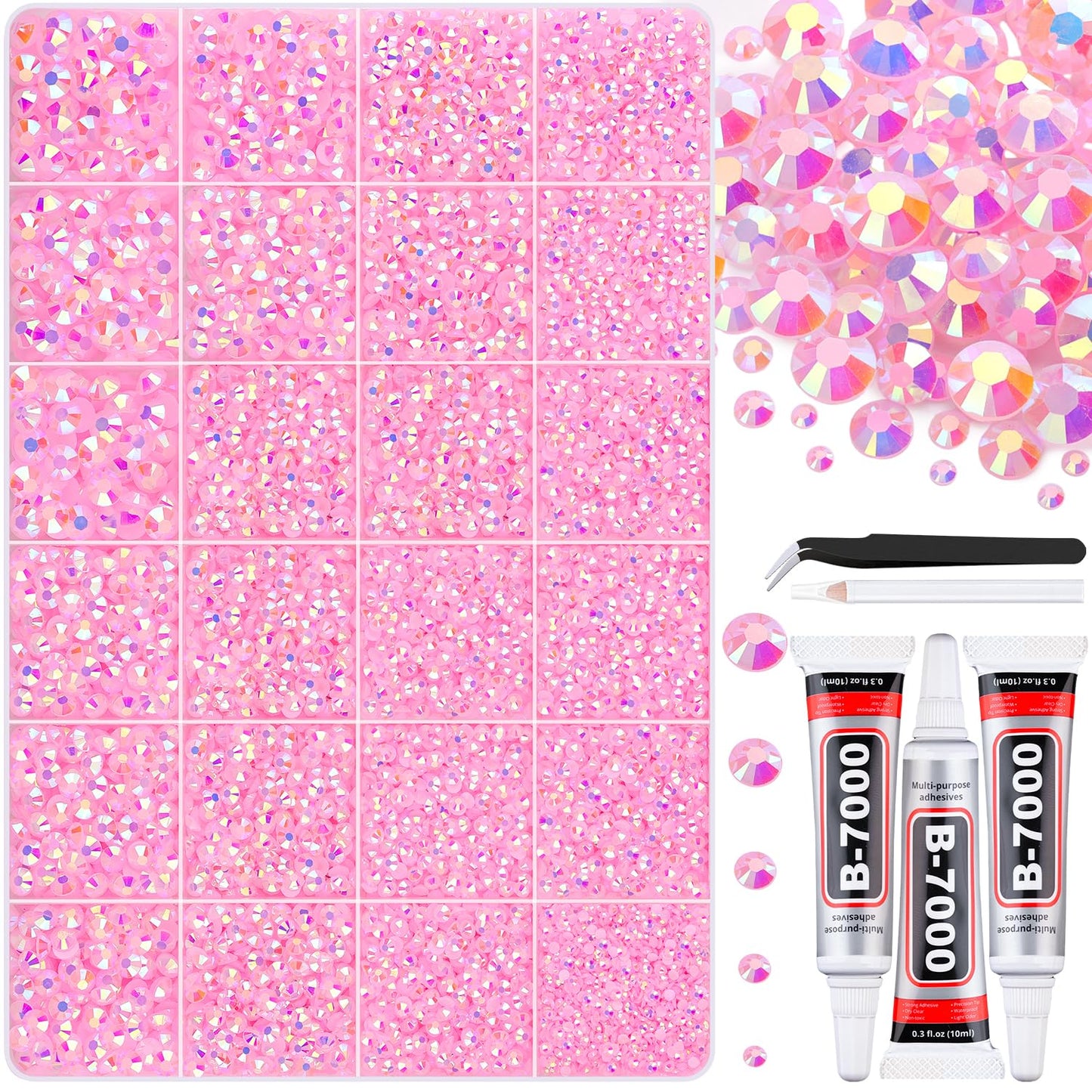 30000Pcs Resin Light Pink AB Rhinestones for Bedazzling Crafting with b7000 Jewelry Glue, Bulk Flatback Gems Bedazzler Kit for Crafts Clothes Shoes Fabric Nail Diamond Art, Assorted Size 2/3/4/5/6mm