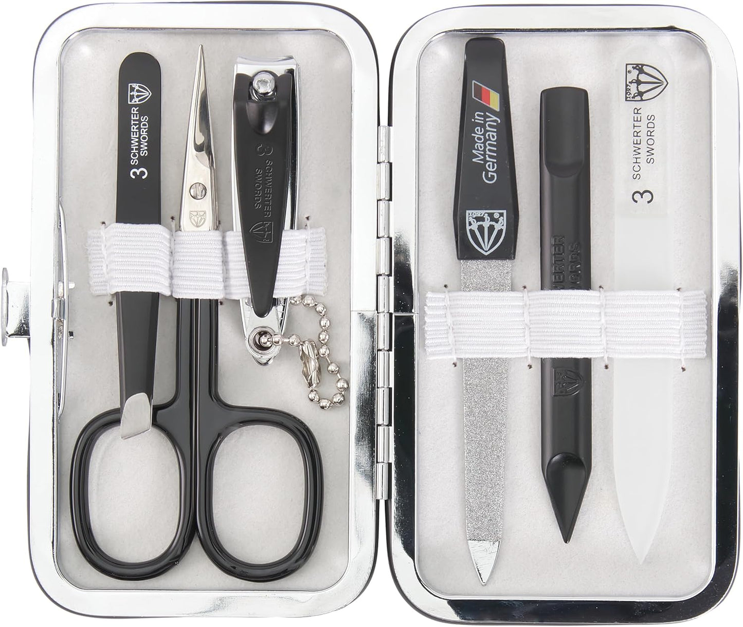 3 Swords Germany - Brand Quality 6 Piece Manicure Pedicure Grooming kit Set - Scissors, Metal and Glass Nail File, Clipper, Tweezers with Synthetic Leather case - White/Black Tools