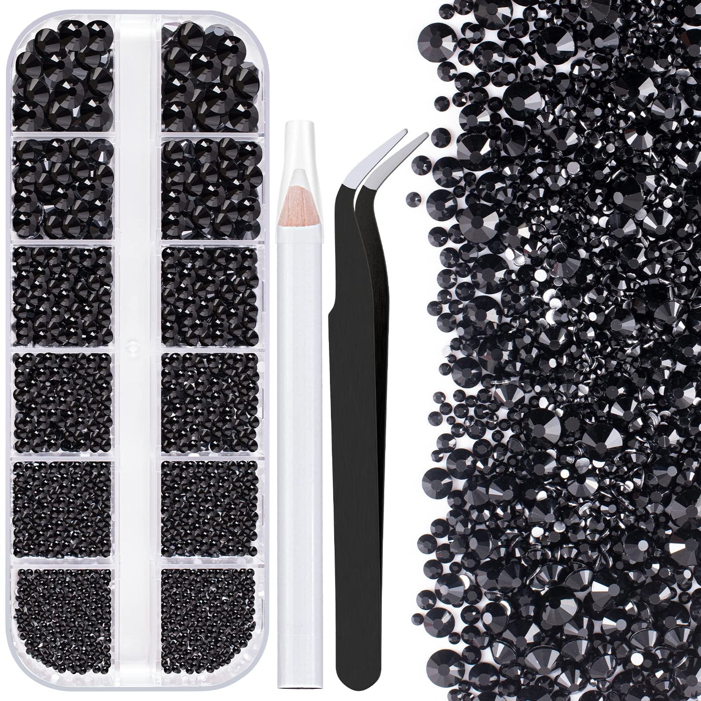 One Pack 2000 Pcs of Flatback Round Black Rhinestones 6 Sizes (1.5-6 mm) with Nail Art Rhinestone Picker Pencil and Tweezers for DIY and Salon Use