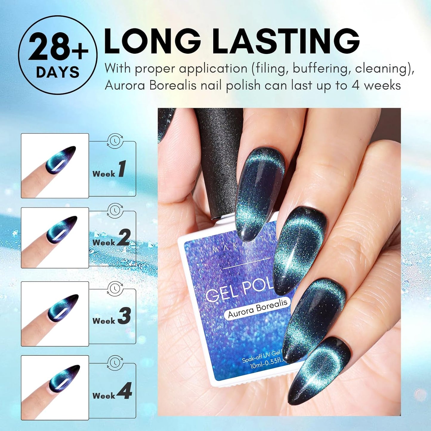 Makartt Blue Cat Eye Gel Nail Polish: Magnetic Glitter Gel Polish Soak-Off UV/LED with Aurora Effect, Long-Lasting Black Hole Shine, Comes with Magnet Stick Salon Home Nail Art 10ml