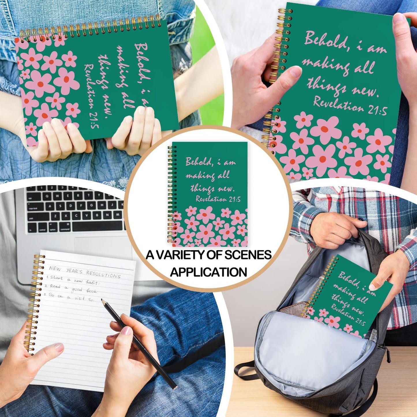 Inspirational Green Floral Christian Spiral Journal Notebook 5.5x8.3in, Prayer Bible Journal for Woman, Revelation 21:5 Bible Notebooks for Note Taking, Religious Hardcover Notebook