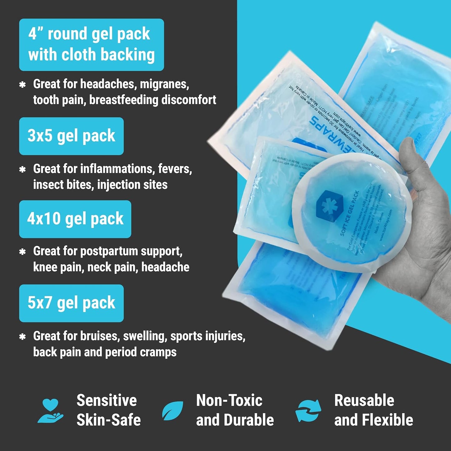 ICEWRAPS Reusable Multipurpose Gel Ice Packs in 4 Sizes - Hot Cold Pack for Kids Injuries, First Aid, Sport Injuries, Breastfeeding, Wisdom Teeth, Muscle and Joint Pain Relief - 7 Pack - Set A