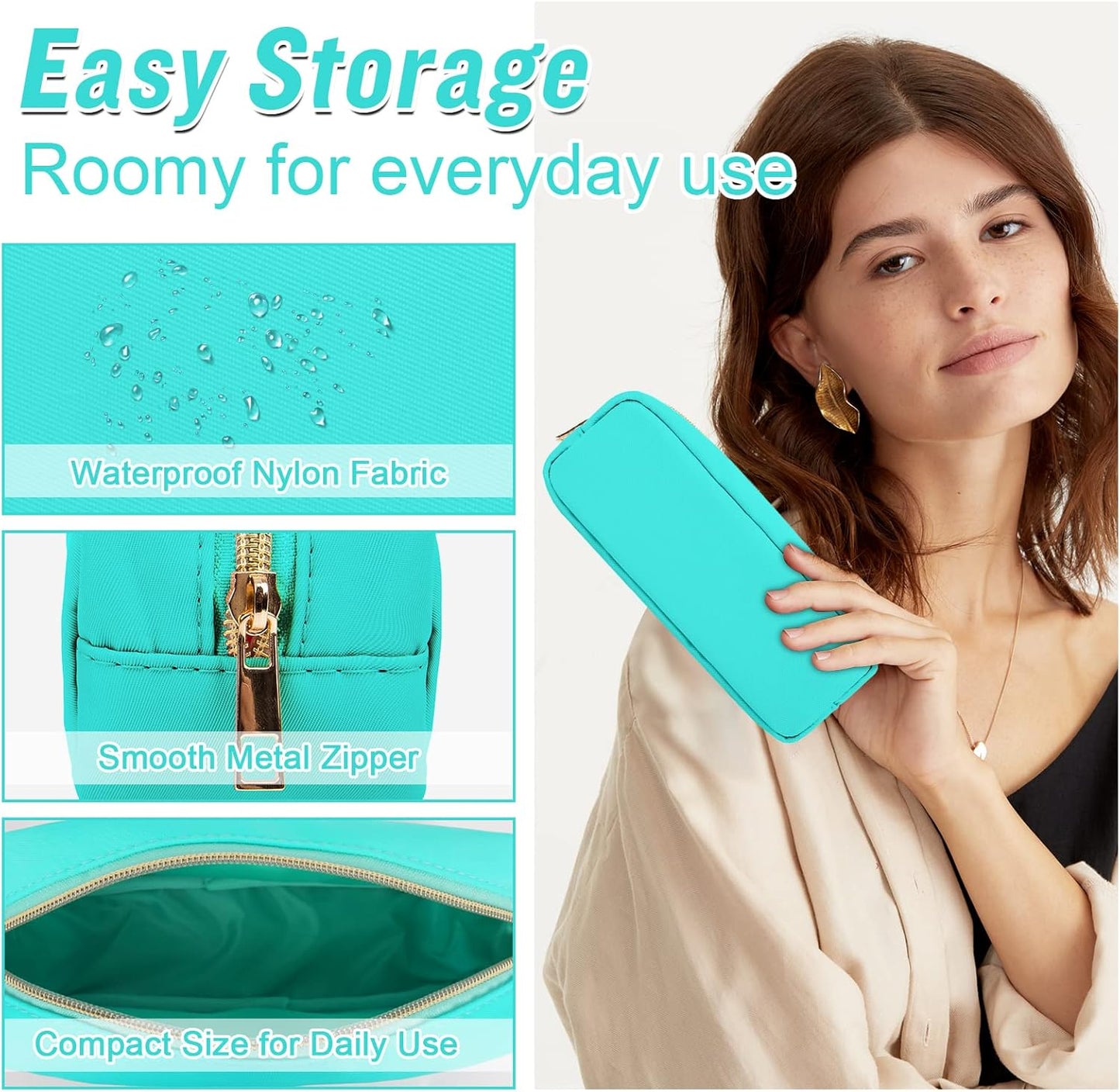 izuzta Nylon Small Makeup Bag Slim Pouch, Preppy Cute Makeup Brush Case Bag Cosmetic Zipper Pouch for Purse, Waterproof Travel Toiletry Bag Clutch Coin Pouch Makeup Organizer for Women Girls(Mint)