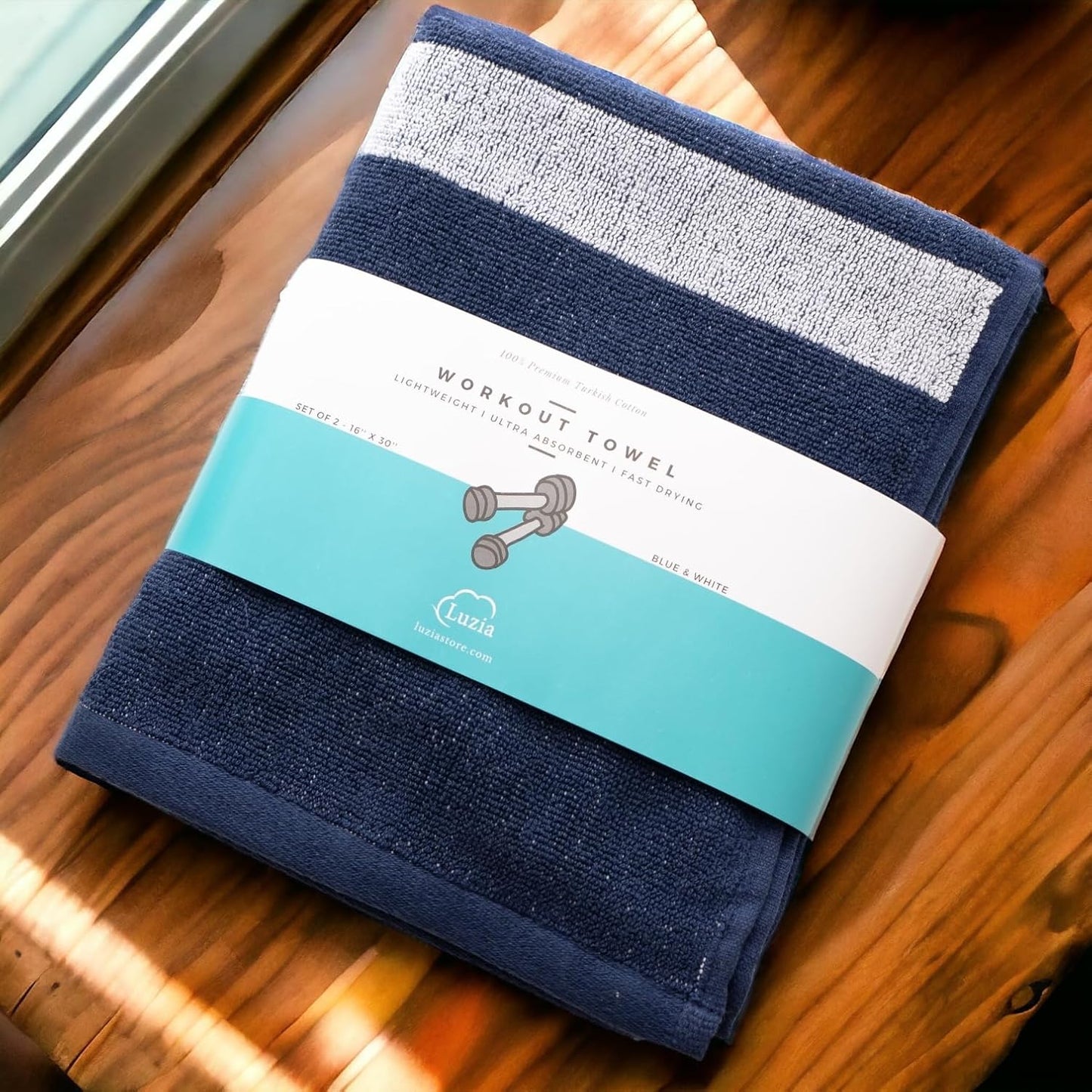 Luzia Striped Workout Towel for Sweat (Pack of 2) - Premium Quality 100% Turkish Cotton - Lightweight and Super Absorbent for Exercise, Sports, Workout, Fitness, Gym, Yoga, Running (Blue)