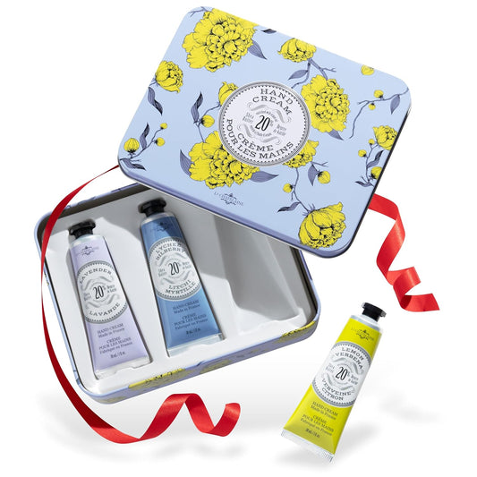 La Chatelaine French Hand Cream Trio Tin, Holiday Gift Set, Hand Lotion for Women, Made in France with 20% Organic Shea Butter (Lavender, Lychee Bilberry & Lemon Verbena or Citrus Fizz) 3 x 1 fl oz