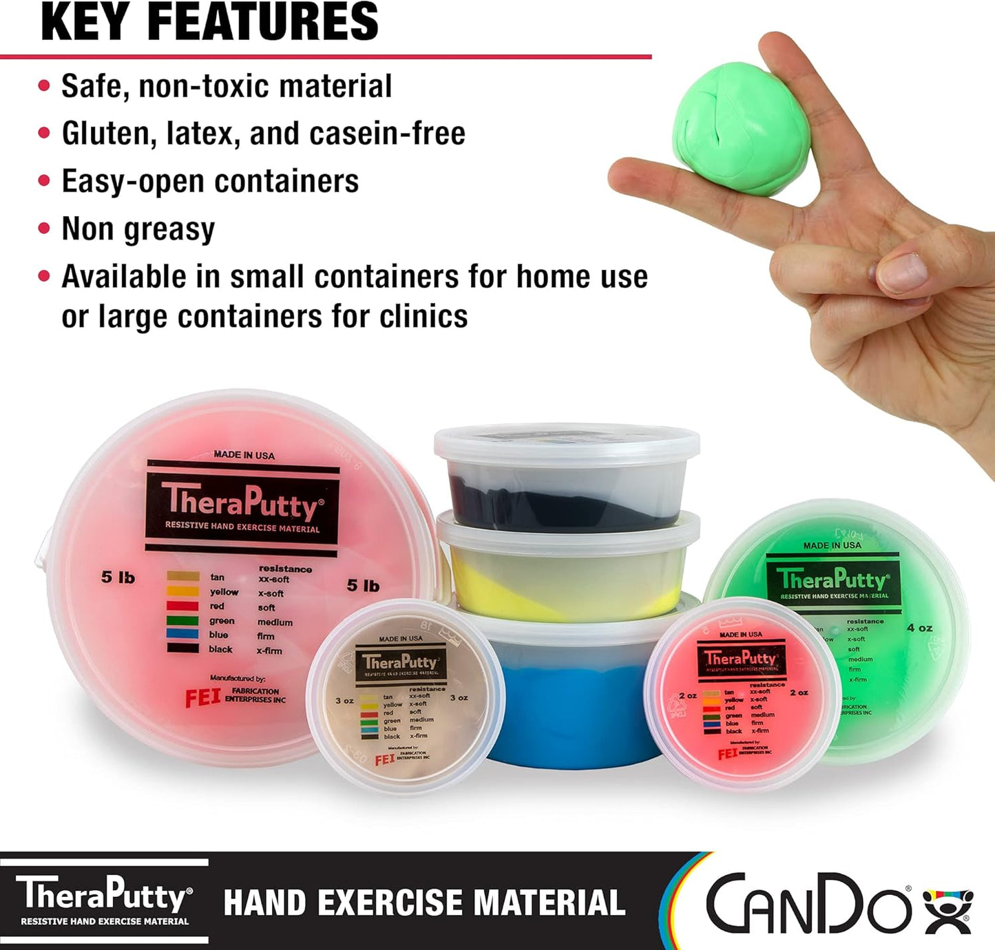 CanDo TheraPutty Standard Hand Exercise Putty For Rehabilitation, Exercises, Hand Therapy, Occupational Therapy, Hand Strengthening, Improve Motor Skills, Stress Relief 4-ounce