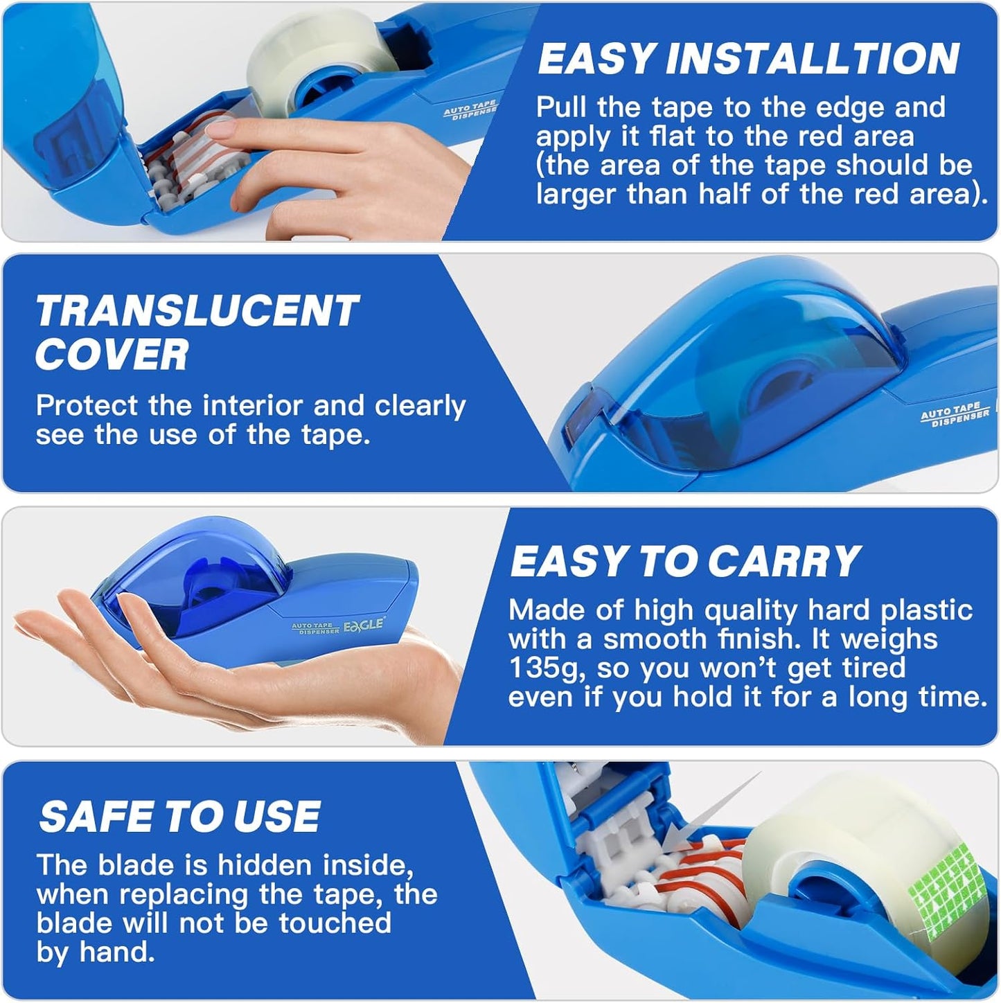Eagle Automatic Tape Dispenser, Handheld & Portable Design, Office Tape Gun, One-Handed Operation with Safety Blade for Office, Home, DIY or Packaging (Includes 2 Free Tapes)（Blue）