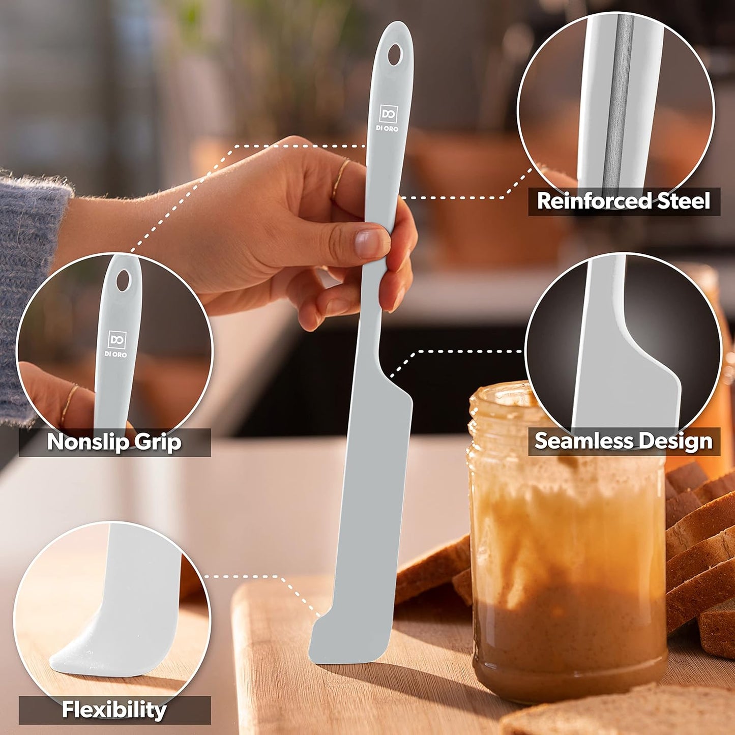 DI ORO Silicone Jar Spatulas for Scraping - Rubber Spatulas Silicone Heat Resistant - Kitchen Spatulas Nonstick Cookware Safe - Silicone Utensil Set for Blenders, Mixing, Baking, & Makeup (5pc, Stone)