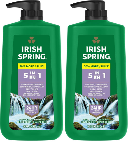 Irish Spring 5 in 1 Body Wash for Men, Men's Body Wash, Smell Fresh and Clean for 24 Hours, Conditions and Cleans Body, Face, and Hair, Made with Biodegradable Ingredients, 30 Oz Pump (Pack of 2)