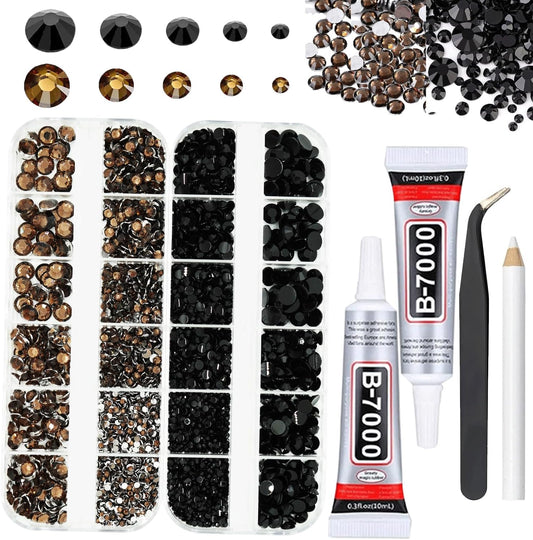 Black and Brown Rhinestones with Glue(S8-S30) for Bedazzling,2mm-6mm Non-Hotfix Flatback Nail Gems Beads with B7000, Resin Nail GemsStones Diamond Kit for Bedazzle Crafting, Nails DIY Art Decoration