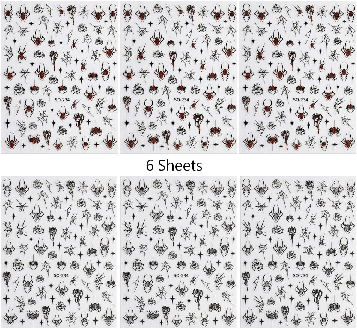 6Sheets Halloween Nail Art Stickers Decals, 3D Spider Nail Sticker Halloween Nail Decoration Self-Adhesive Black Red Silver Glitter Star Spider Web for Nails Stickers DIY Manicure Art Decoration
