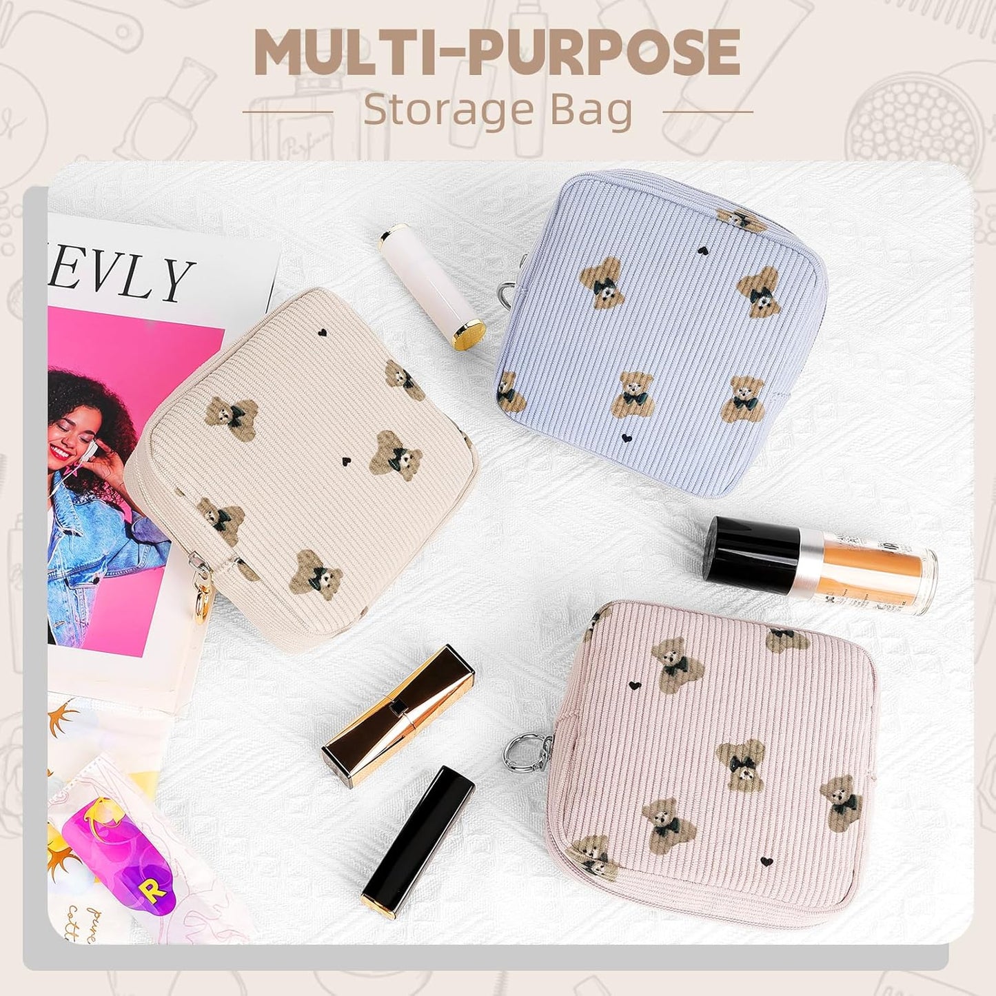 Cute Period Bag for Teen Girls, Bears Corduroy Sanitary Napkin Storage Bag, Menstrual Pad Pouch Tampon Holder for Purse (Pink)