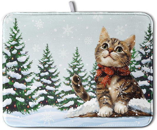Cat Snow Pine Tree Winter Kitchen Dish Drying Mat 16x18 Inch Cute Kitten Animal Dish Mat Christmas Holiday Super Absorbent Dish Drying Pads Microfiber Dish Drying Mat for Kitchen Counter Sink