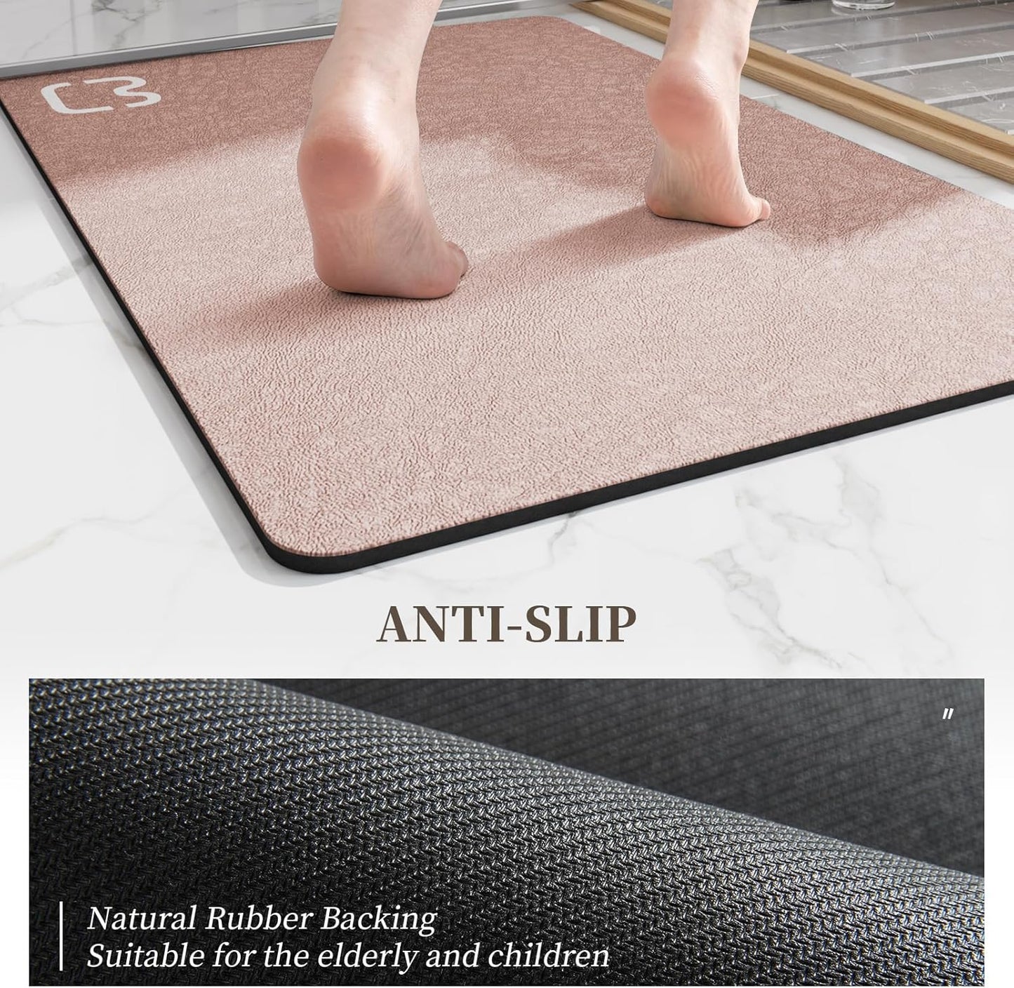 Diatomaceous Earth Bath Mat 17" x 59" Extra Long Bathroom Mat Large Fast Dry Super Absorbent Non-Slip Rubber Backed Shower Mat Bath Rugs Mats for Bathroom Floor, Tub, Shower, Sink, Blush Pink