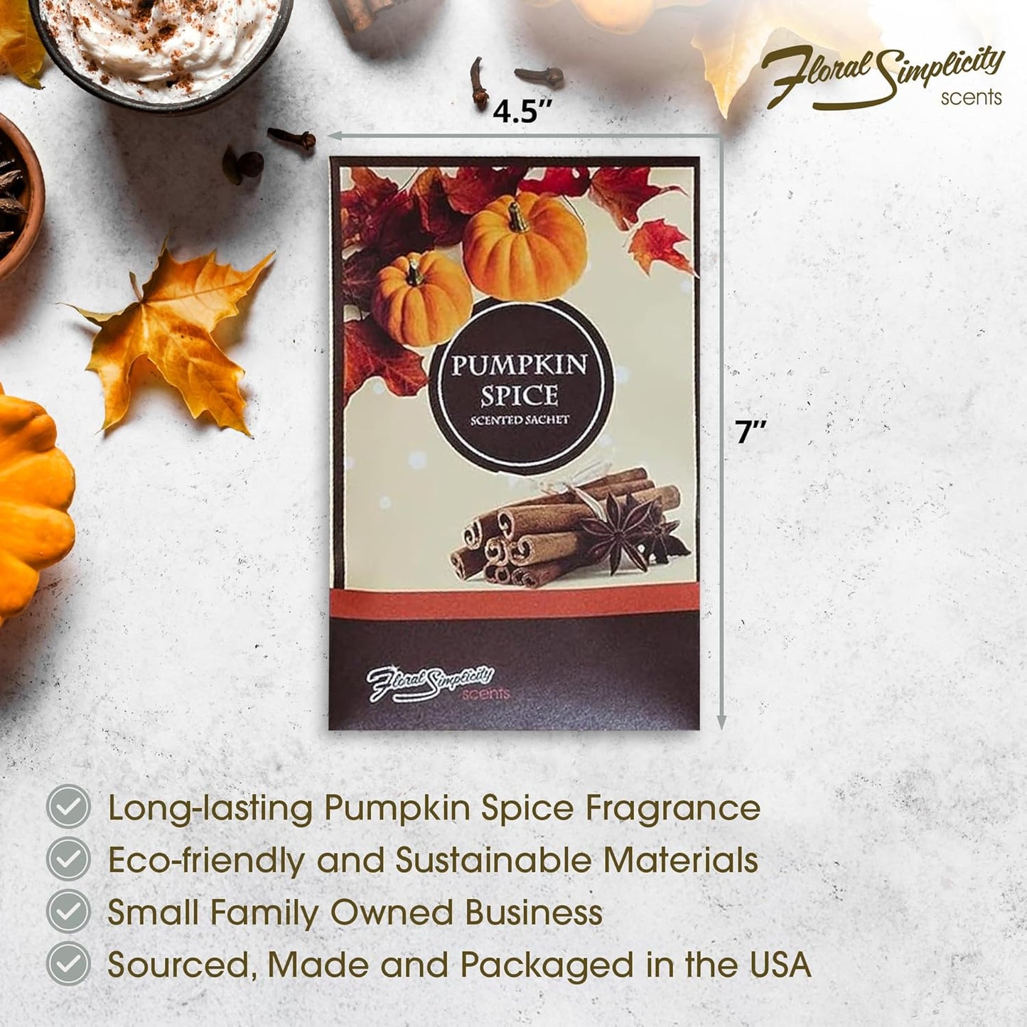 Floral Simplicity Pumpkin Spice Scented Sachets Pack of 6, Fall & Winter - Long-Lasting Scented Bags, Home Fragrance, Air Freshener & Deodorizer for Closet, Room, Drawer, or Cars, Made in USA