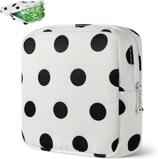 Desing Wish Period Bag Pouch Soft Cloth Sanitary Napkin Storage Bag Portable Menstrual Pad Pouches Tampon Holder for Purse First Period Kit for Girls 9-12 (Black Dots)