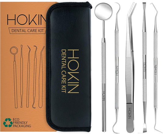 Dental Tools by HOKIN Plaque Remover Teeth Cleaning Tool Dental Care Kit Tooth Filling Repair Set Stainless Steel Dental Picks for Men Women Kids and Pet Care (5 Pcs)