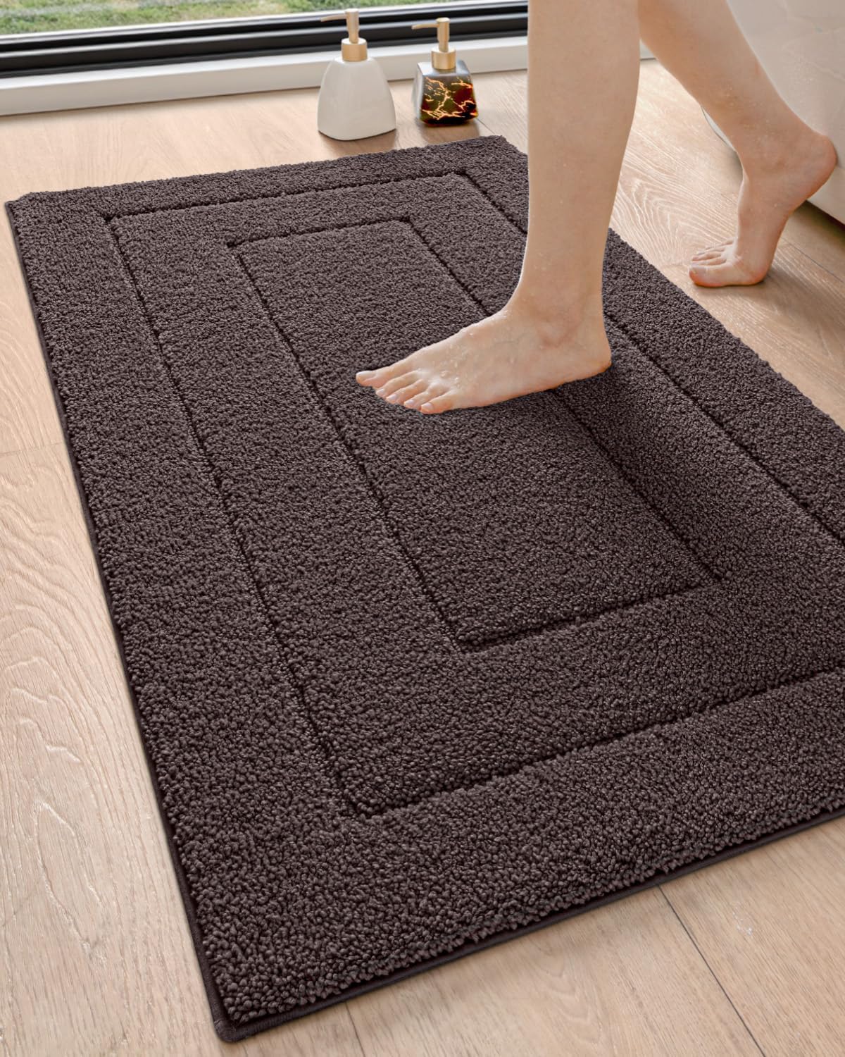 DEXI Bathroom Rug 43x24, Non Slip Washable Bath Mat for Shower Floor, Extra Large Absorbent Soft Bathmat with Rubber Backing, Quick Dry Microfiber Carpet, Brown