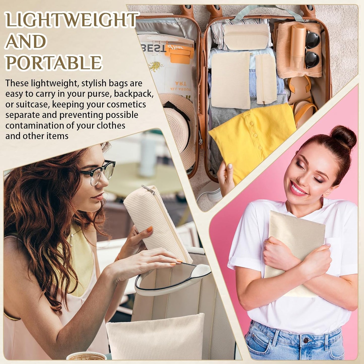 3 Pcs Makeup Bag Set for Women Corduroy Cosmetic Pouch Aesthetic Smile Travel Toiletry Bag Cute Purse Pouch Pencil Case Makeup Brushes Storage Organizer for Christmas(White,Solid Style)