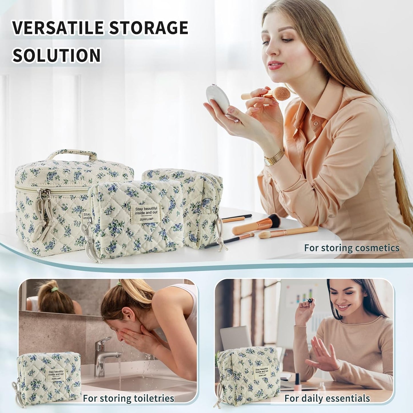 Cute Quilted Floral Makeup Bag(3Pcs)，Coquette Aesthetic Cosmetic Bag，Travel Toiletry Bags， Kawaii Aesthetic pouch for Women (4 - Little Blue Flower)