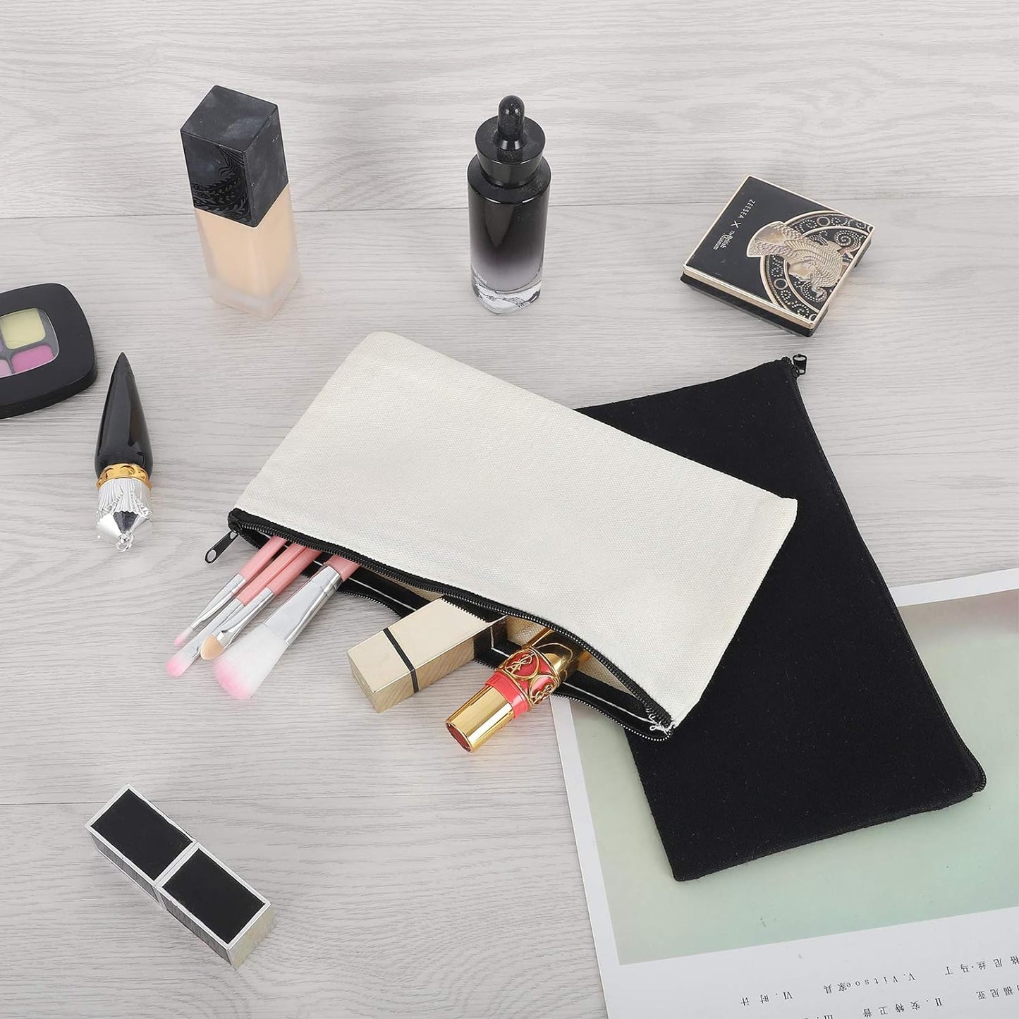 12 Pieces Black Cotton Canvas Makeup Bag, Multipurpose Cosmetic Bag with Zipper Travel Toiletry Pouch, Blank DIY Craft Bag (Black, S)