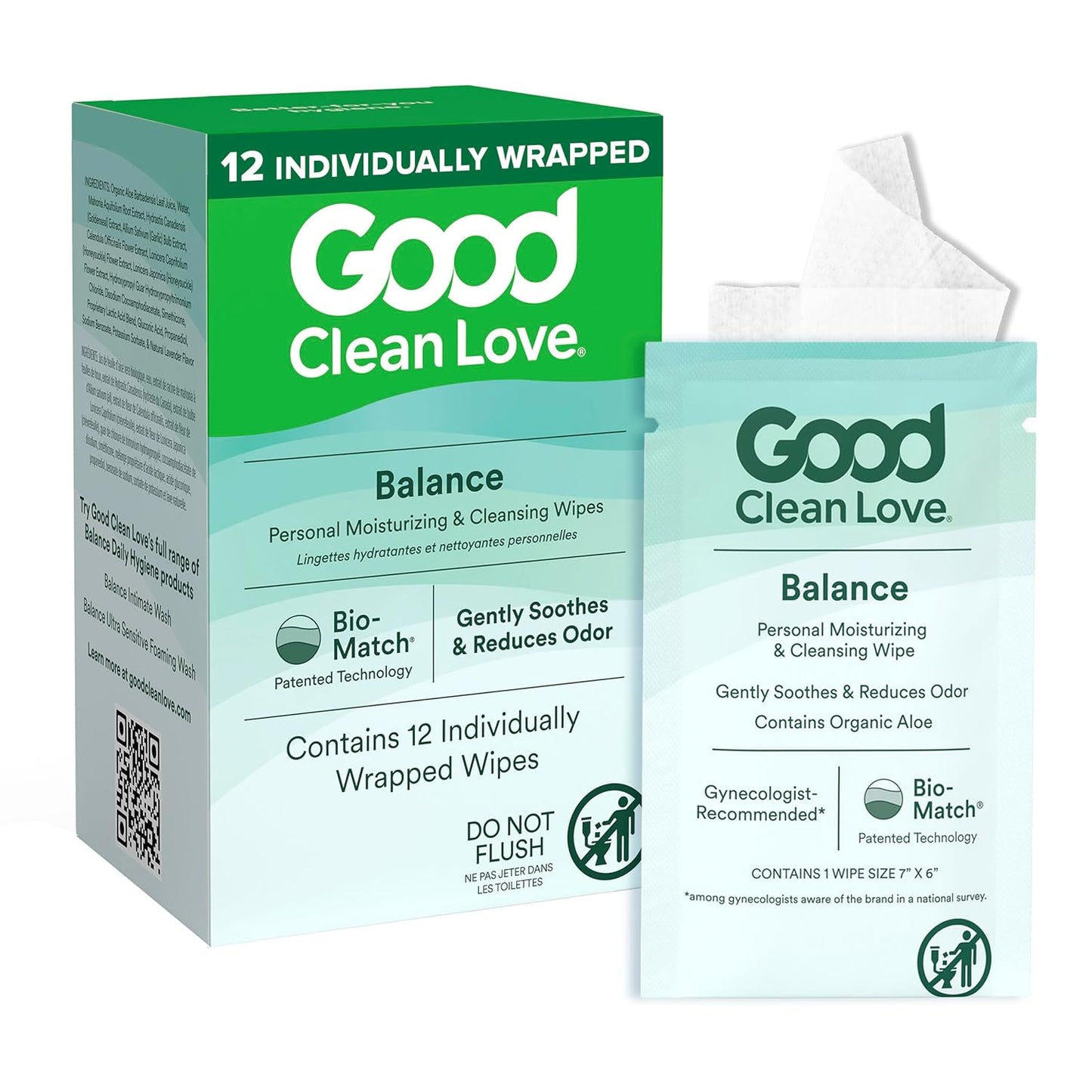 Good Clean Love Balance pH-Balanced Feminine Wipes, Supports Vaginal Health Naturally & Reduces Odor, Non-Irritating Moisturizing & Cleansing Hygiene Product Made with Organic Aloe, (12 Count)