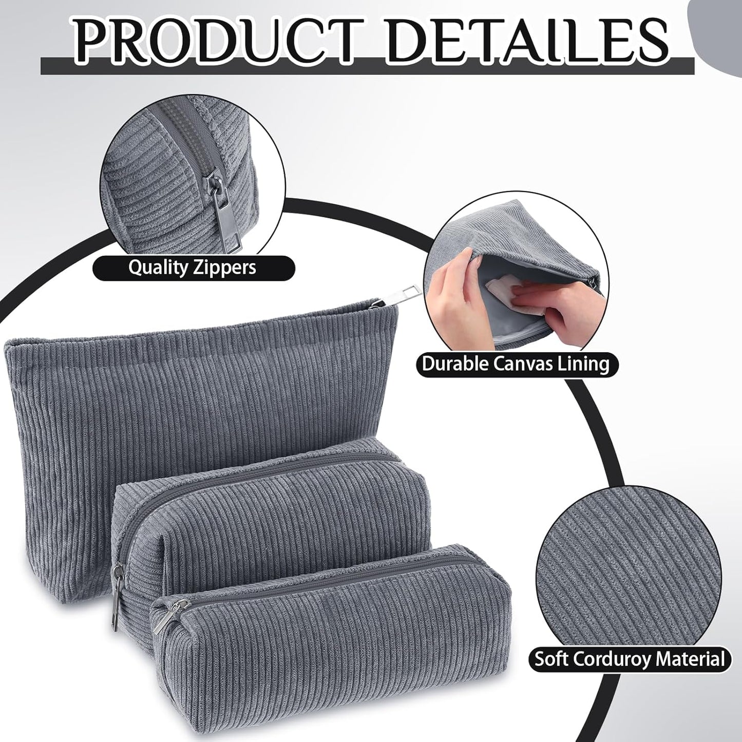 3 Pcs Makeup Bag Set for Women Corduroy Cosmetic Pouch Aesthetic Smile Travel Toiletry Bag Cute Purse Pouch Pencil Case Makeup Brushes Storage Organizer for Christmas(Gray,Solid Style)