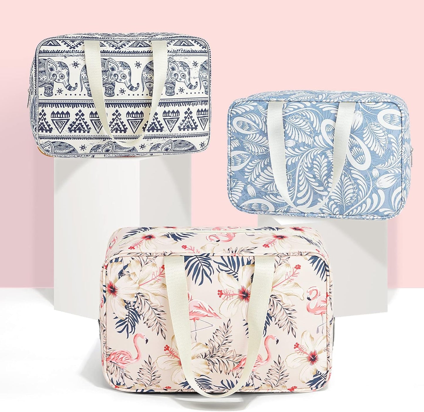 Full Size Toiletry Bag Women Large Cosmetic Bag Travel Makeup Bag Organizer Medicine Bag for Toiletries Essentials Accessories (Large, Blue Leaf)