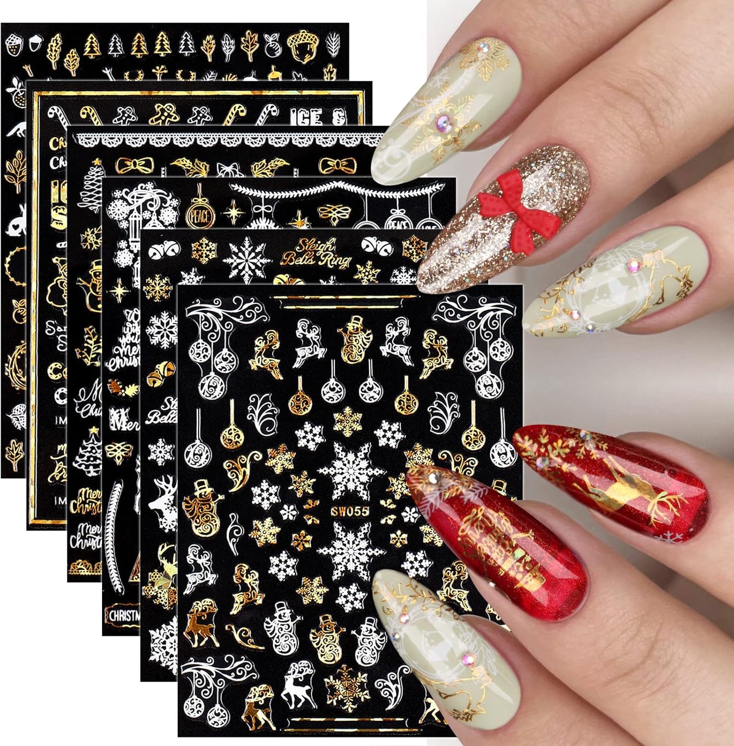 9 Sheets Christmas Nail Art Stickers Decals Self-Adhesive Pegatinas Uñas Gold White Nail Supplies Nail Art Design Decoration Accessories