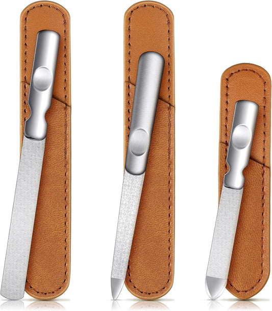 3 Pcs Stainless Steel Nail Files Kit with Leather Case, Double Sided Metal Nail Files with Anti-Slip Handle for Women and Men, Metal File Buffer Manicure Pedicure Tools for Fingernail Toenail(Brown)