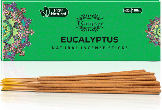 Raajsee Incense Sticks Eucalyptus 100 gm Pack-100% Pure Organic Natural Hand Rolled Free from Chemicals-Perfect for Church, Aromatherapy,Relaxation,Meditation,Positivity & Sensual Therapy