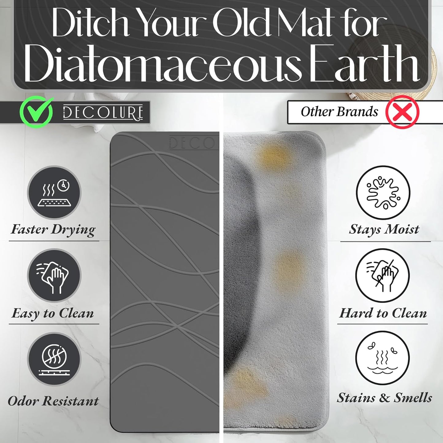 DECOLURE Stone Bath Mat Large, Quick Dry & Non-Slip Diatomaceous Earth Shower Mat for Bathroom, Luxurious & Easy to Clean Diatomite Stone Mat for Bathroom, Kitchen, High Density (Large, Grey)