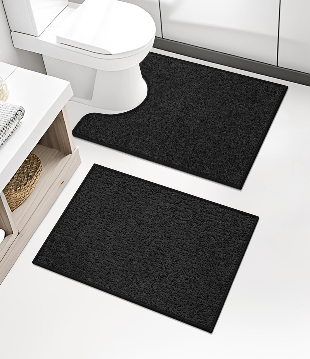 chakme Bathroom Rug Sets 2 Piece, Ultra Thin Bath Mat Quick Dry Bath Mat Set, Absorbent Bath Mat for Bathroom Non Slip Machine Washable, (Black, 2 Piece)