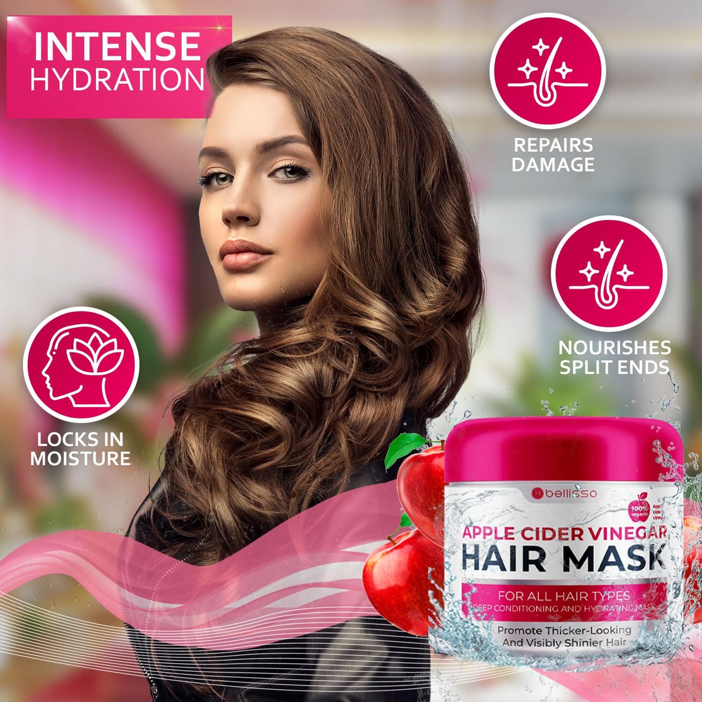 Apple Cider Vinegar Deep Conditioning Mask - Treatment for Dry Damaged Hair and Split End Repair - Sulfate Free Formula with Collagen, Keratin and Argan Oil - For Flaky Scalp and Dandruff Relief