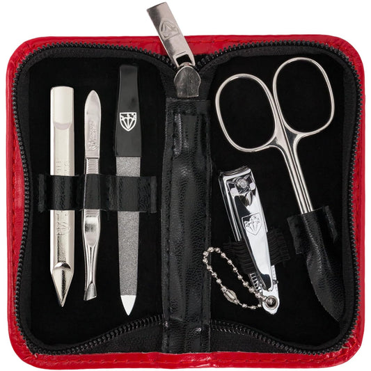 3 Swords Germany - brand quality 5 piece manicure pedicure grooming kit set with synthetic leather case red - Made in Germany