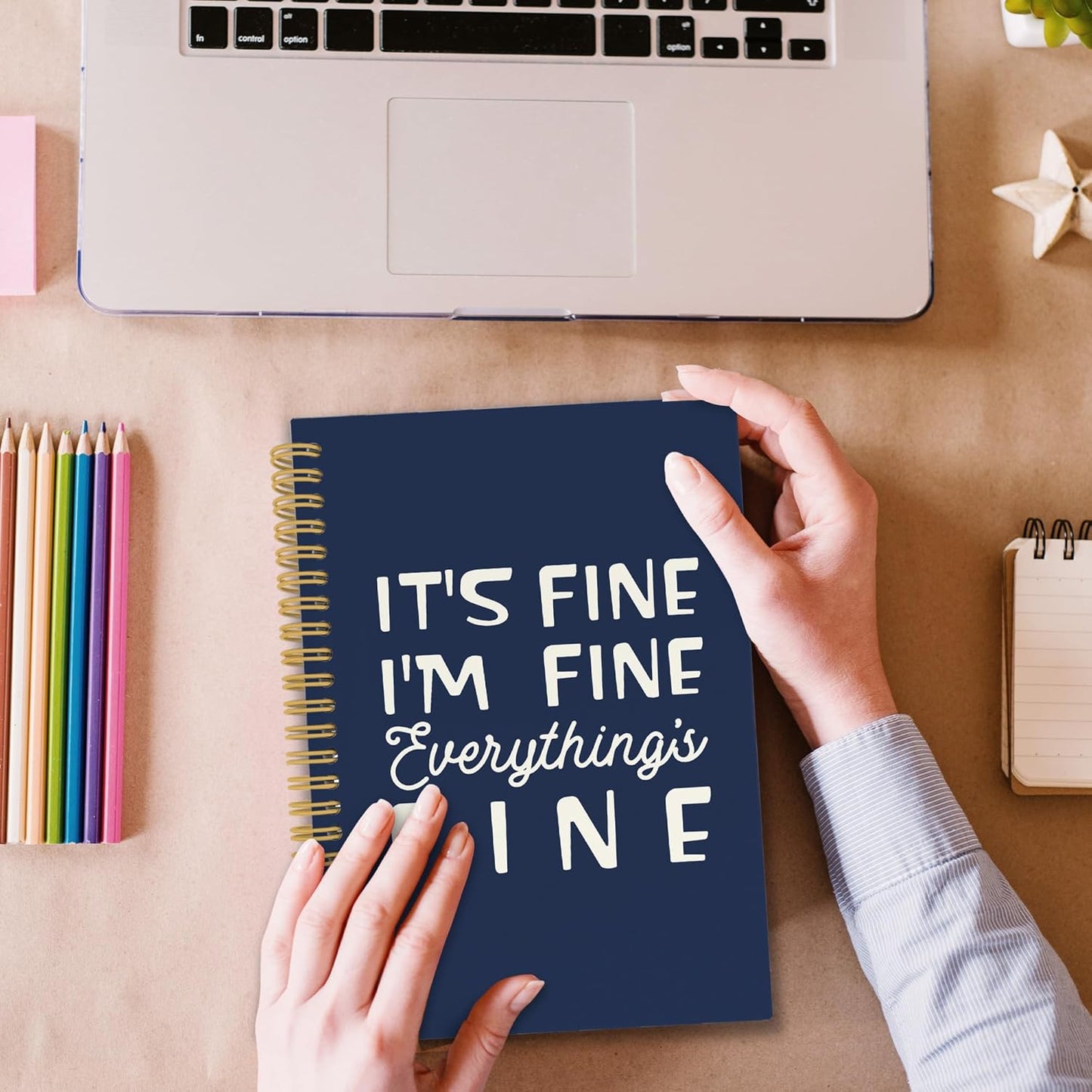 XPH Funny Navy Blue Spiral Notebook, It's Fine I'm Everything Is Fine Journaling Notebooks for Women Men, Humorous Hardcover Journals for Office 160 Pages 5.5 x 8.3 Inch, Sarcastic Gifts for Coworkers