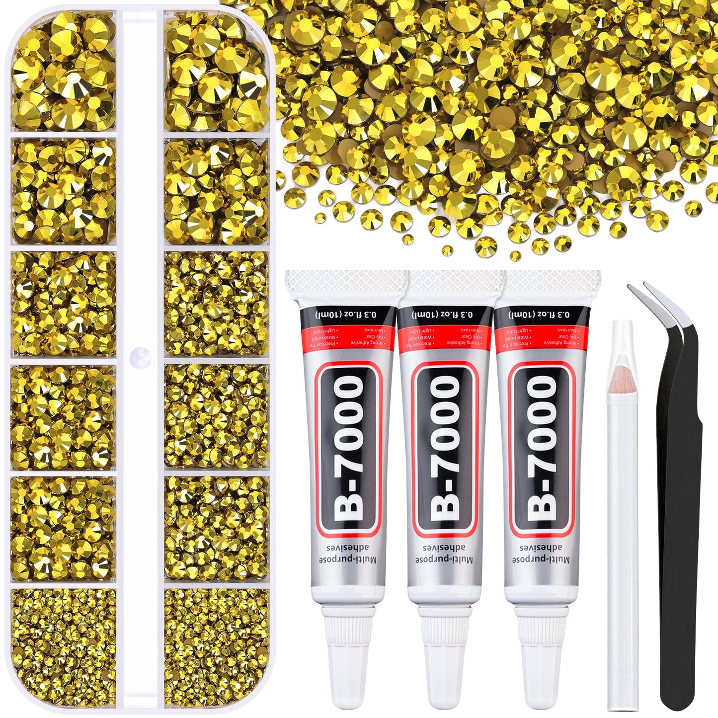 Resin Rhinestones for Crafting with B7000 Jewelry Glue, 1 Box Bright Gold Flatback Crystals with 3Pcs 10ml Glue for Bedazzling Crafts DIY Nail Art Makeup，Non Hotfix Gems for Clothing Shoes