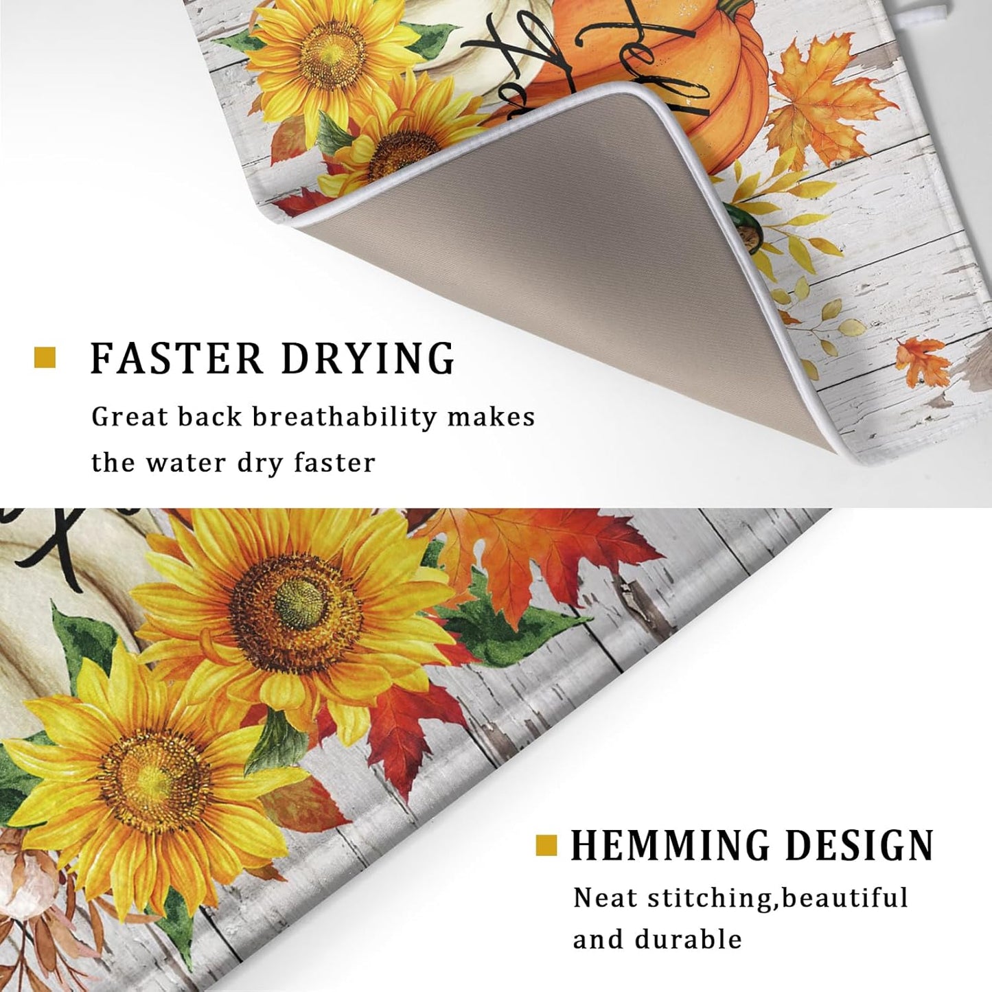 Hello Fall Dish Drying Mat for Kitchen Counter 18x24 Inch Orange Pumpkin Absorbent Drying Pad with Hanging Loop Autumn Home Decoration