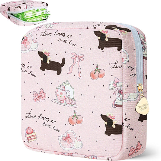 Desing Wish Sanitary Pad Storage Bag Portable Period Bag for Teen Pads/Sanitary Napkins/Small Tampons, Sanitary Napkin Storage Bag First Period Gifts for Teen Girls (Bowknot Dachshund)