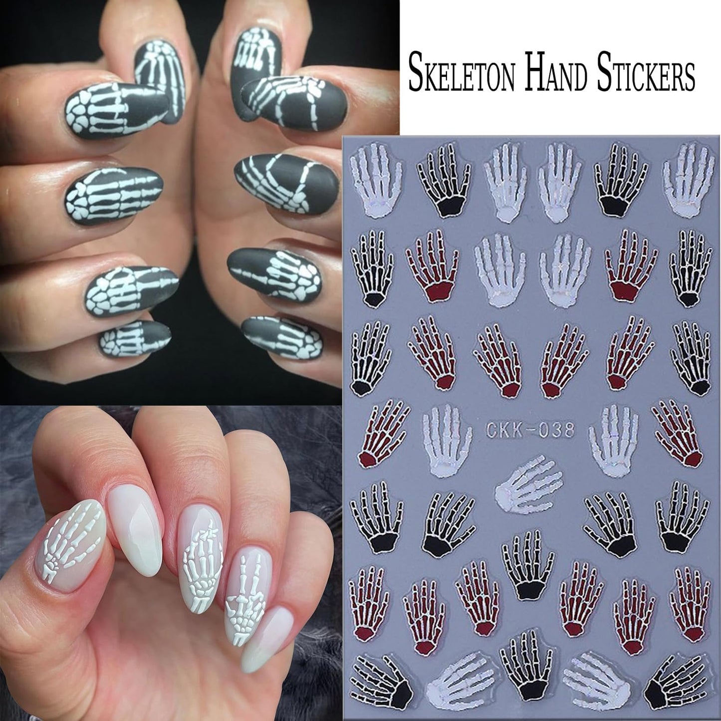 6 Sheets Halloween Nail Art Stickers 3D Self -Adhesive Bloods Hand Skeleton Nail Decals Holographic Blood Knives Nail Stickers Halloween Nail Decoration for Women Manicure Supplies