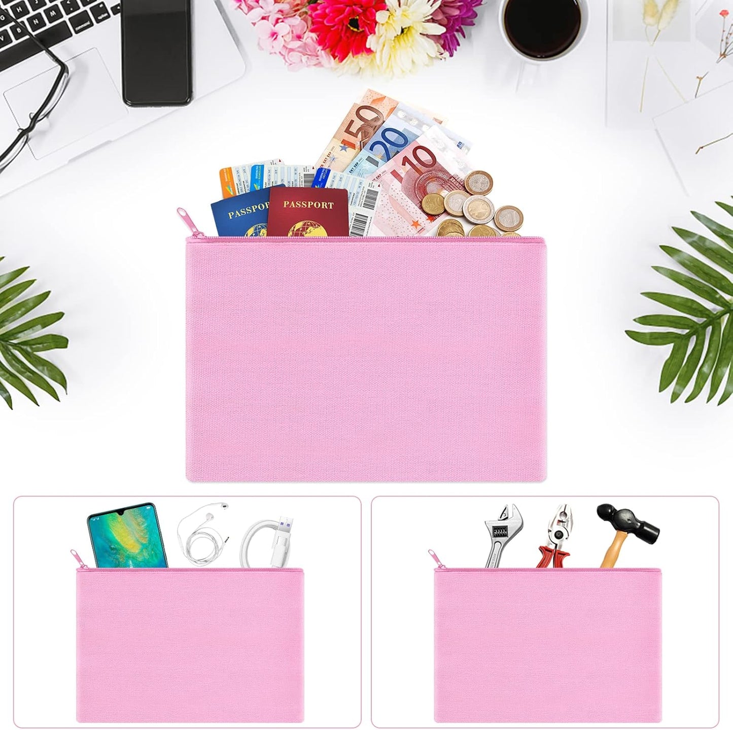 12 Pieces Cotton Canvas Makeup Bag, Multipurpose Cosmetic Bag with Zipper Travel Toiletry Pouch, Blank DIY Craft Bag (Pink, M)