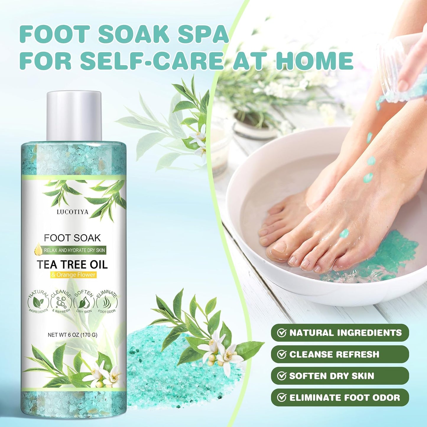 LUCOTIYA Tea Tree & Orange Flower Foot Soak Set - Salts, Foot File, Scrub & Urea Cream Pedicure Supplies for Dry, Cracked Feet - Foot Spa Pedicure Kit for Women Men