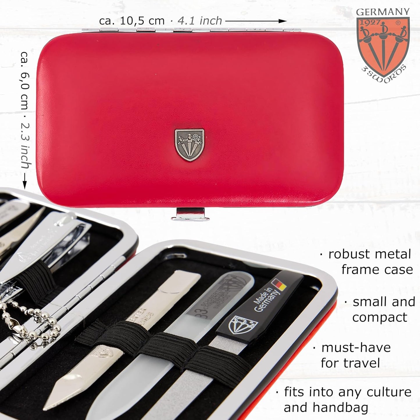 3 Swords Germany - Brand Quality 6 Piece Manicure Pedicure Grooming kit Set - Scissors, Metal and Glass Nail File, Clipper, Tweezers with Synthetic Leather case - red