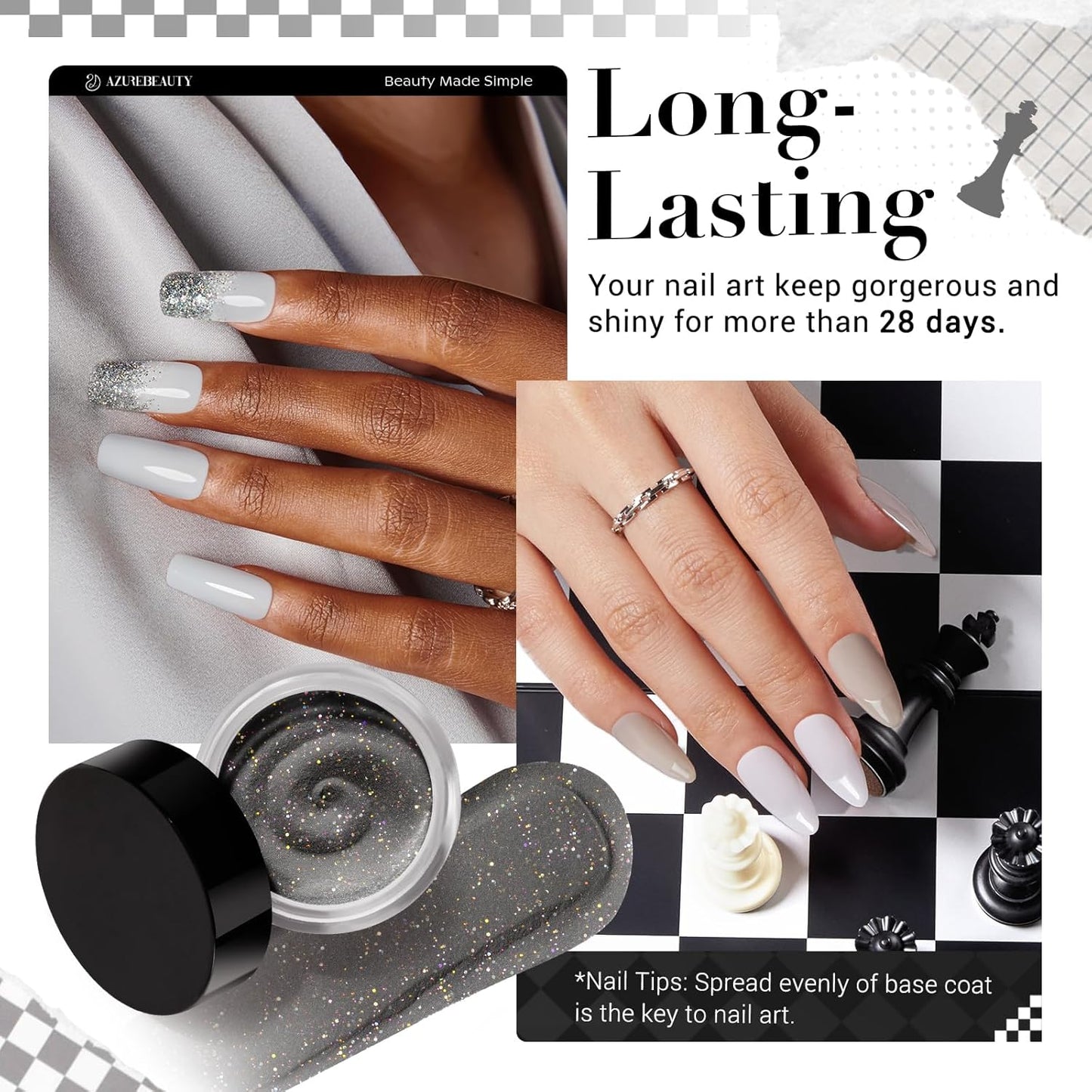 AZUREBEAUTY Dip Powder Nail Kit Starter, Light & Dark Grey Black Glitter Sparkle, 4 Colors Dipping Powder Set All Seasons, French Nail Art Base Top Coat Activator Liquid Manicure DIY Salon 12 PCS