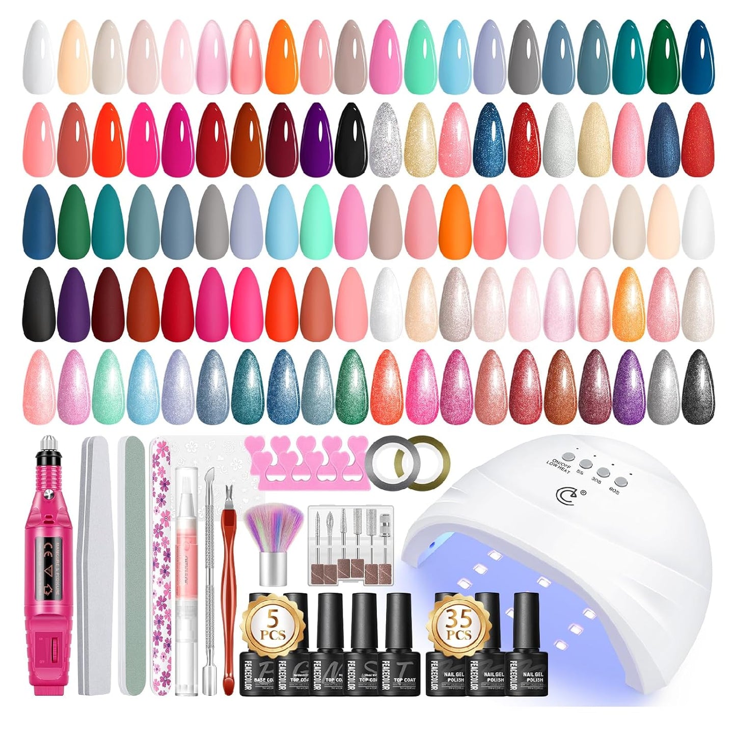 PEACECOLOR 53PC Gel Nail Polish Kit with U V Light and Drill, 35 Colors All Season Gel Polish Set Starter Kits with 5pc Matte Glossy Glitter Base Top Coat Complete Manicure Tools Home Salon Women