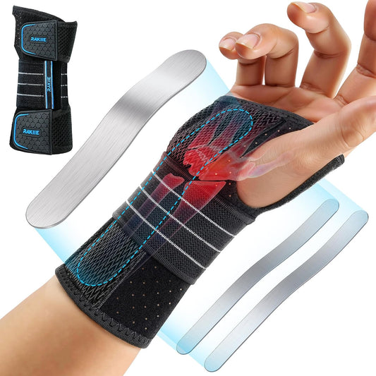 Carpal Tunnel Wrist Brace, Breathable Night Wrist Support with 3 Metal Splints, Hand Brace for Men Women No Pressure on Thumb, Splint Stabilizer for Work, Blue Right Hand, Size M
