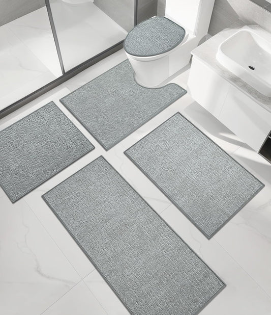 chakme Bathroom Rug Sets 5 Piece, Ultra Thin Bath Mat Quick Dry Bath Mat Set, Absorbent Bath Mat for Bathroom Non Slip Machine Washable, (Light Grey, 5 Piece)