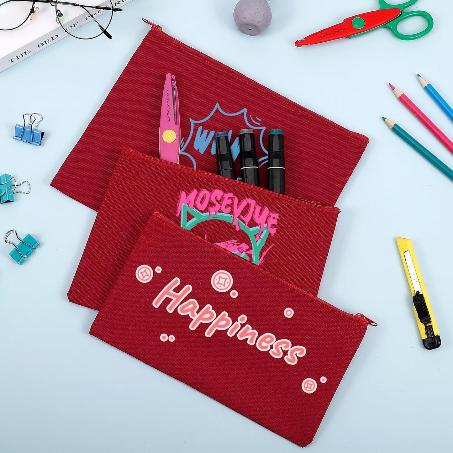 12 Pieces Cotton Canvas Makeup Bag, Multipurpose Cosmetic Bag with Zipper Travel Toiletry Pouch, Blank DIY Craft Bag (Red, L)