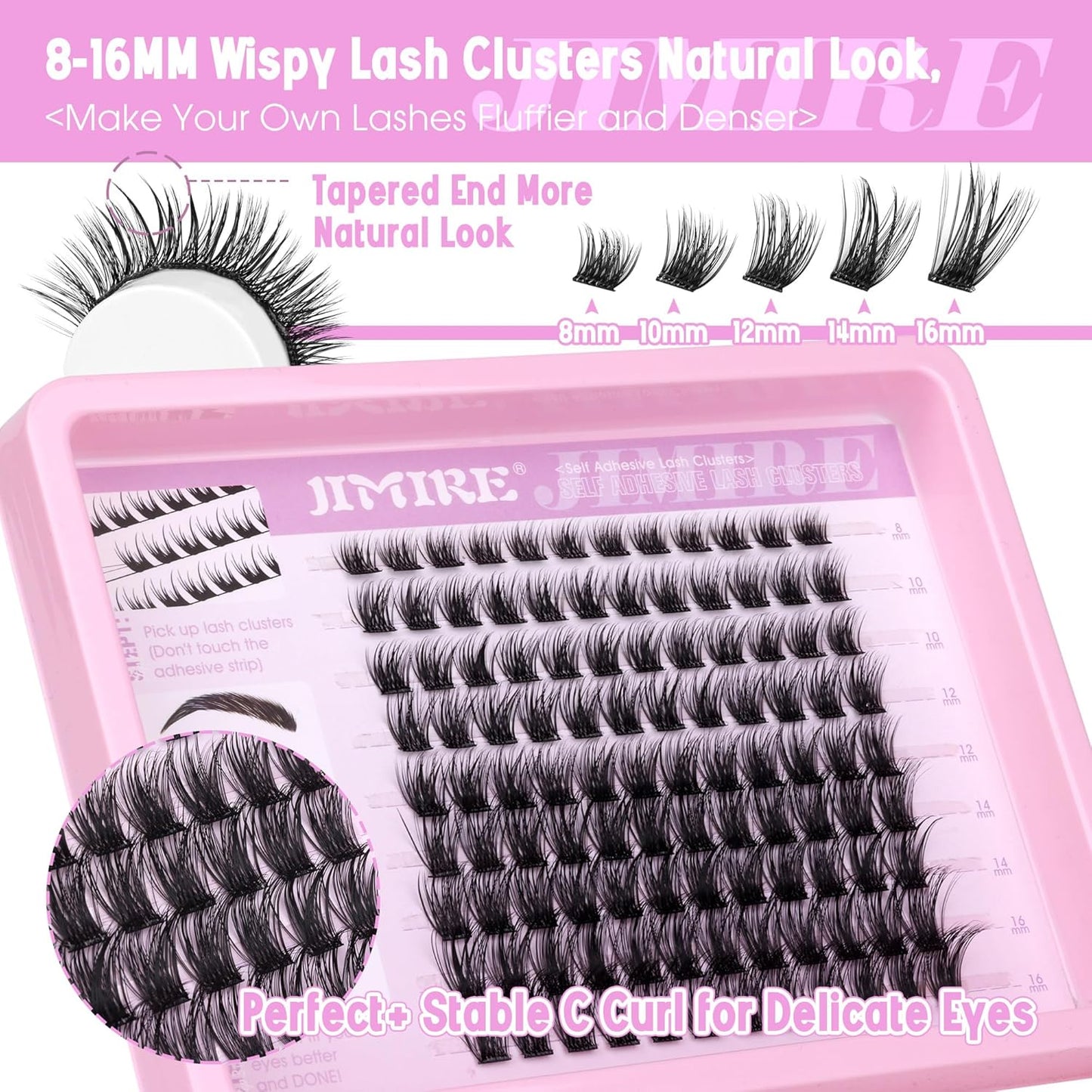 JIMIRE Self Adhesive Eyelashes Natural Wispy 8-16MM Pre Glued Lash Clusters No Glue Needed Press on Lashes Reusable Self Adhesive Lashes Classic Eyelash Clusters Easy to Apply